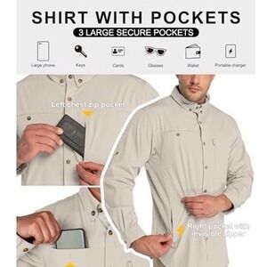 33,000ft Mens UPF 50+ Long Sleeve Fishing Hiking Shirt Tan Ripstop Vented Large